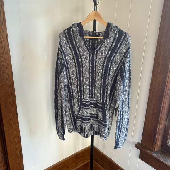 NWT Lucky Brand Men Slim Med Baja Hoodie Sweater Blue White Striped Cotton Blend - Picture 2 of 10